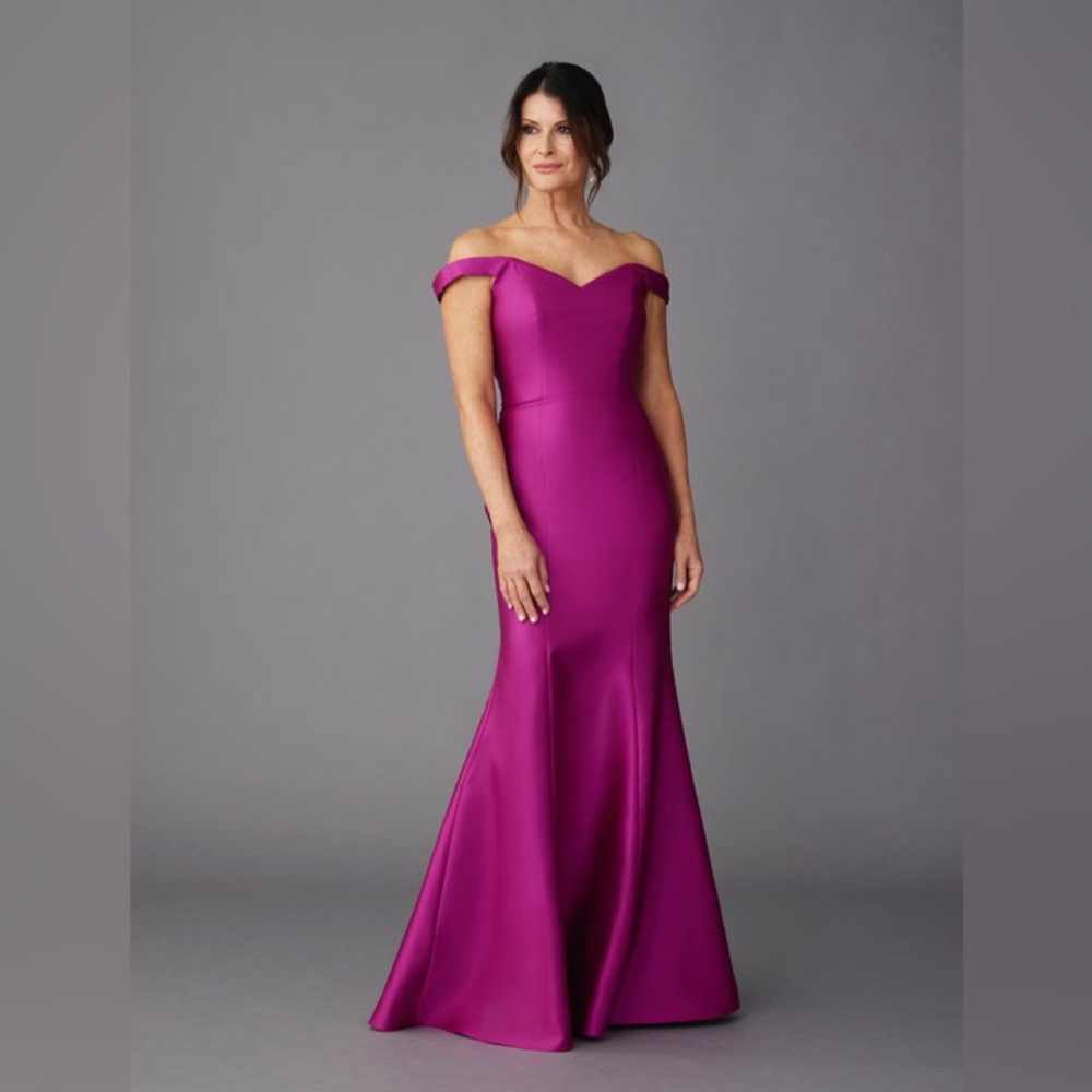 Fuchsia Mikado off the shoulder gown